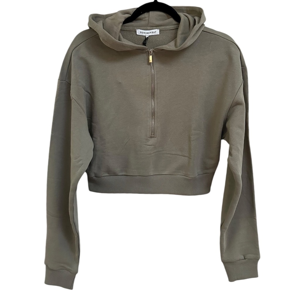 NWT WEWOREWHAT Revolve Women's Cropped Half‎ Zip Hoodie Stone Size Small Lounge